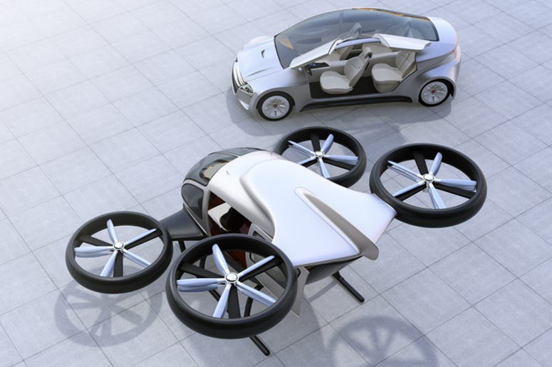 Compañía De Fort Worth Revelara El Nuevo Diseño De Su Taxi Aéreo Rear view of self-driving car and passenger drone parking on the ground. 3D rendering image