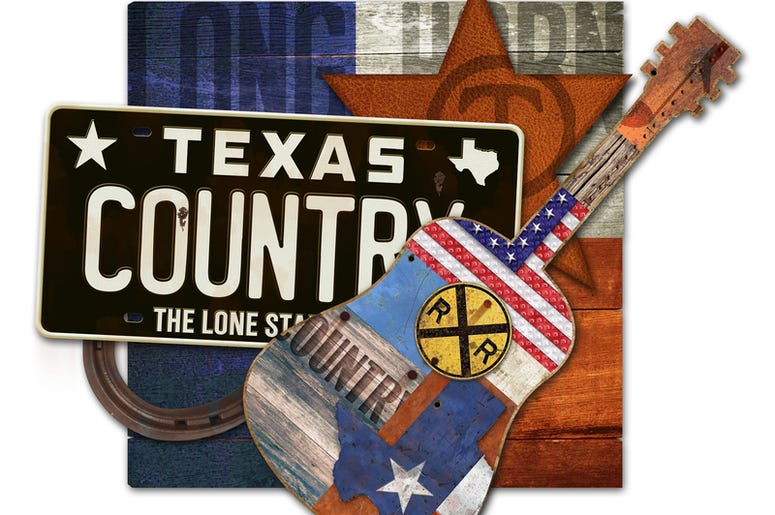 Vivimos En Uno De Los 10 Estados Más Divertidos De América. Texas Country Music Art Piece with license plate horseshoe guitar leather star brand long horn steer