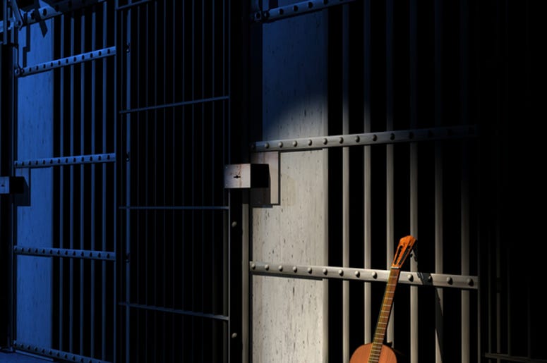 Los Tigres Del Norte Fueron A La Cárcel En California Classic guitar in prison. Blue light for abstract reference to the blues music