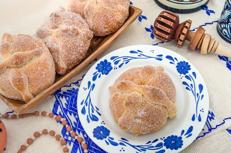 Sushi De Pan De Muerto Sweet bread called Bread of the Dead (Pan de Muerto) enjoyed during Day of the Dead festivities in Mexico.