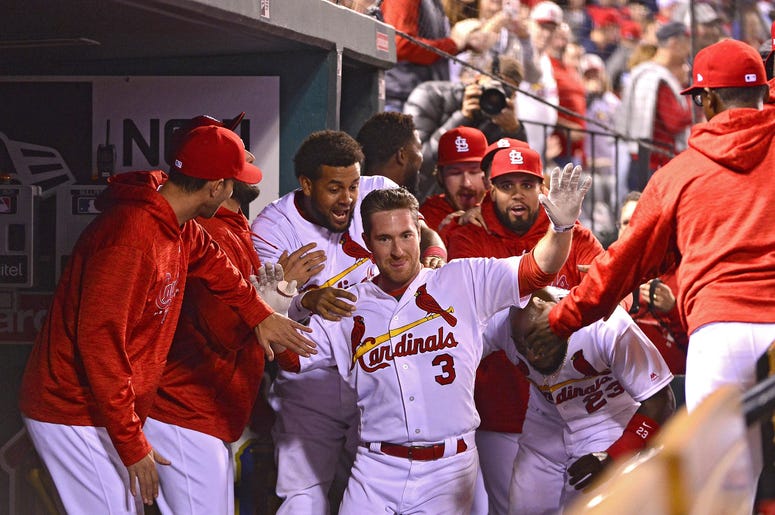 Apr 25, 2018; St. Louis, MO, USA; St. Louis Cardinals third baseman Jedd Gyorko (3) is congratulated by teammates after hitting a two run home run. Apr 25, 2018; St. Louis, MO, USA; St. Louis Cardinals third baseman Jedd Gyorko (3) is congratulated by teammates after hitting a two run home run.