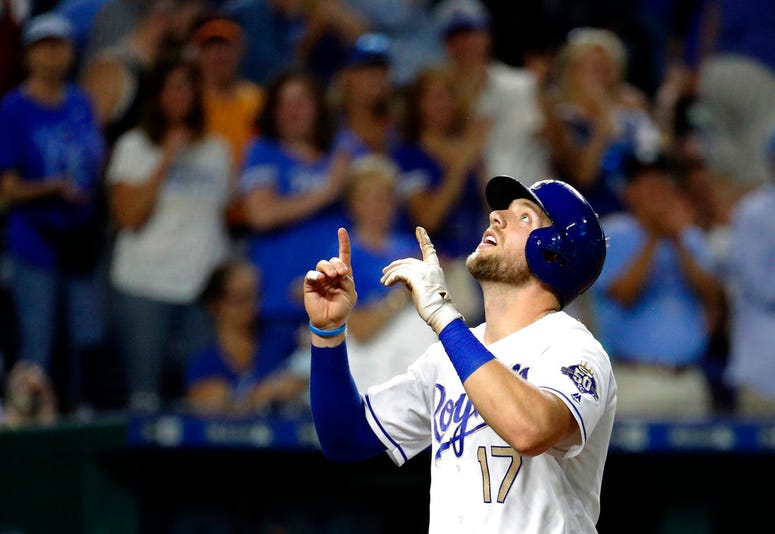 Kansas City Royals' Hunter Dozie celebrates as he crosses the plate after hitting a solo home run during the fifth inning