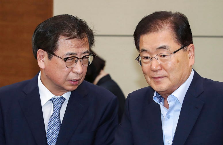 South Korean National Security Advisor Chung Eui-yong, right, talks with National Intelligence Service Director Suh Hoon ahead of a meeting