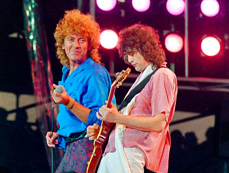 Led Zeppelin bandmates, singer Robert Plant, left, and guitarist Jimmy Page