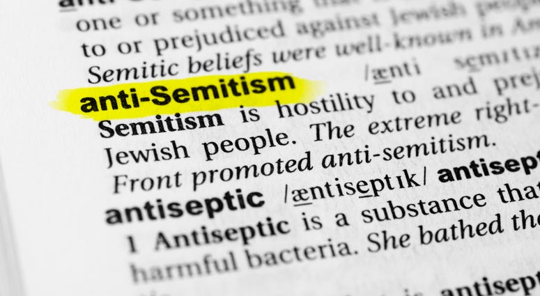 Highlighted English word "antisemitism" and its definition in the dictionary