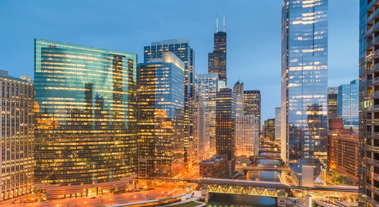 Chicago, Illinois USA skyline over the river twilight