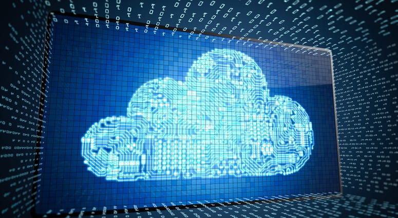 Cloud computing technology concept with 3D rendering digital screen with circuit cloud display