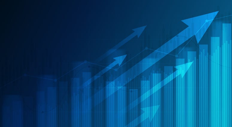 Financial graph with uptrend line and arrows in stock market on blue color background