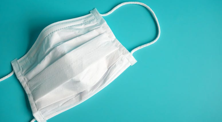 close up white surgical face mask on blue green background