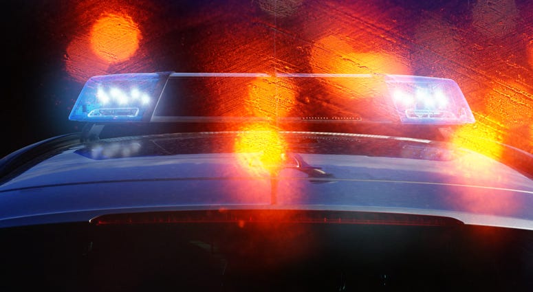 police patrol car on the road at night with flashing blue lights