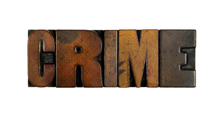 The word CRIME written in vintage wood letterpress type