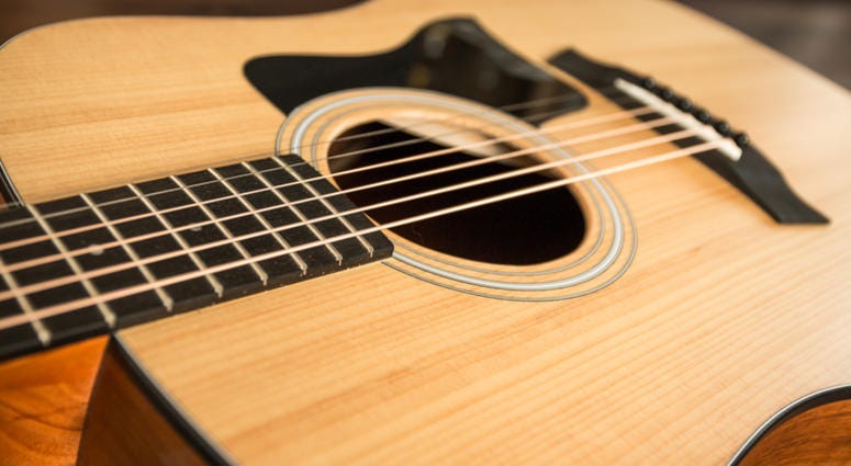 Acoustic guitar on wood background