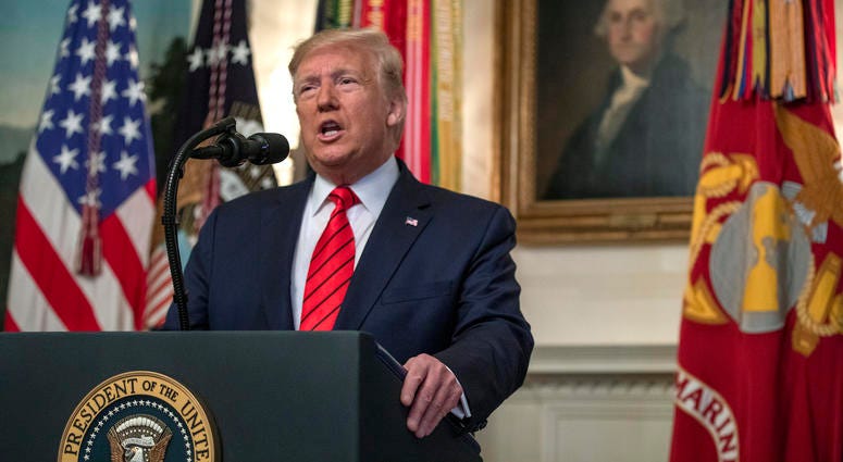 President Trump makes a statement in the Diplomatic Reception Room of the White House October 27, 2019 in Washington, DC.