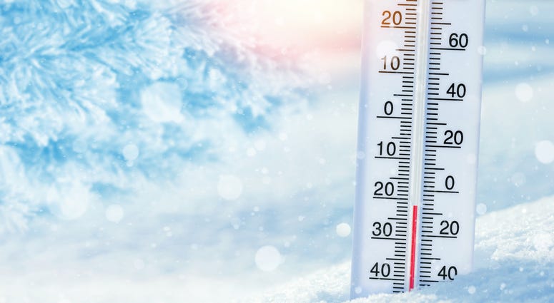 Winter background with thermometer in the snow on frosty day