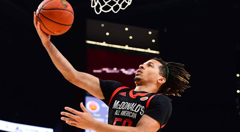 Cole Anthony UNC Cole Anthony of Oak Hill Academy in Virginia goes up for a layup during the 2019 McDonald's High School Boys All-American Game.