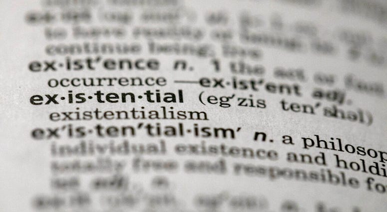 This Sunday, Dec. 1, 2019, photo shows the word "existential" in a dictionary in the Brooklyn borough of New York.