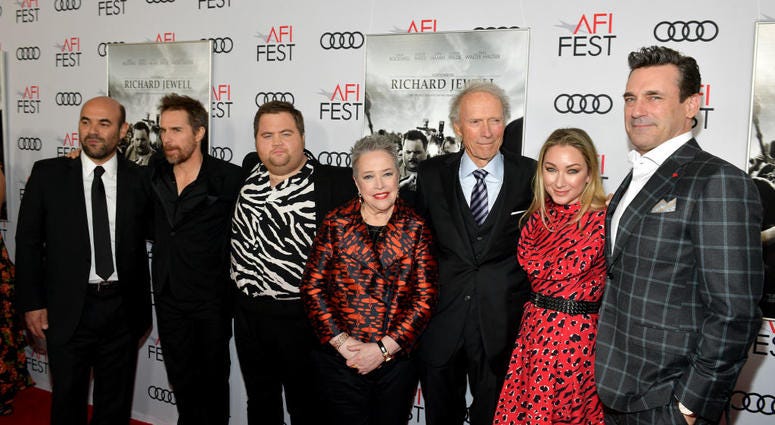 Ian Gomez, Sam Rockwell, Paul Walter Hauser, Kathy Bates, Clint Eastwood, Blair Rich and Jon Hamm attend the "Richard Jewell" premiere during AFI FEST 2019 Presented By Audi at TCL Chinese Theatre on November 20, 2019 in Hollywood, California.