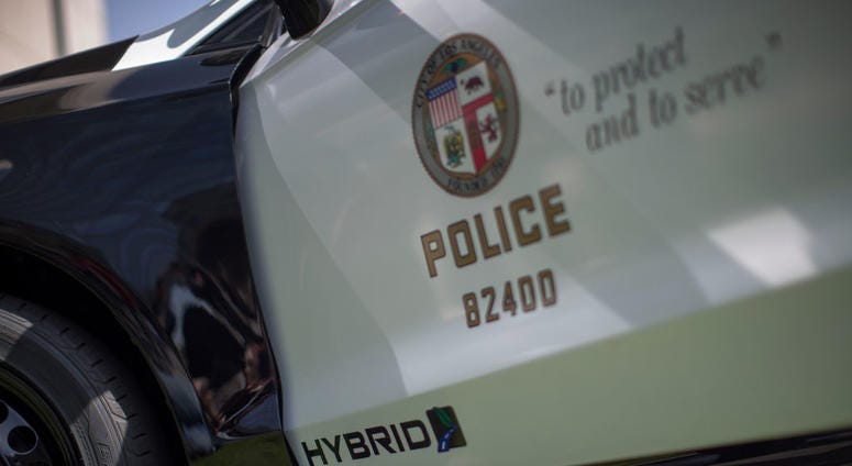 A hybrid police car is seen at the unveiling of two new Ford Fusion hybrid pursuit-rated Police Responder cars at Los Angeles Police Department headquarters on April 10, 2017 in Los Angeles, California.