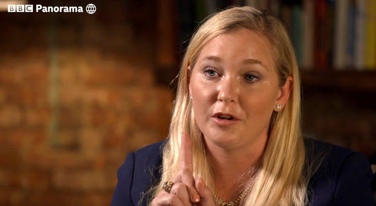 In this image taken from video issued by the BBC, Virginia Roberts Giuffre gestures during an interview on the BBC Panorama program that will be aired on Monday Dec. 2, 2019.