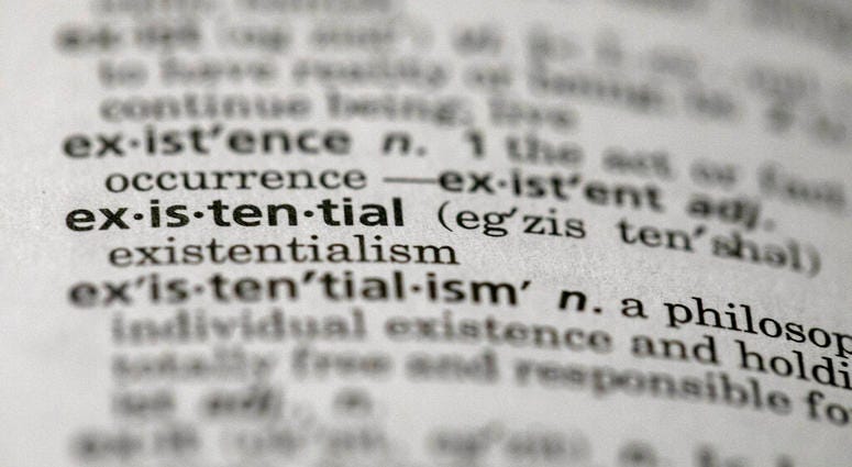 This Sunday, Dec. 1, 2019, photo shows the word "existential" in a dictionary in the Brooklyn borough of New York.