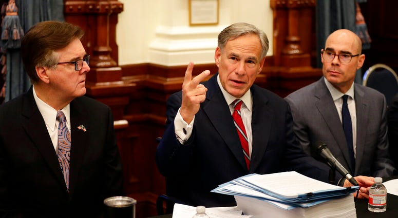 Texas Gov. Greg Abbott Texas Gov. Greg Abbott, center with Speaker of the House Dennis Bonnen, right, and Lt. Governor Dan Patrick