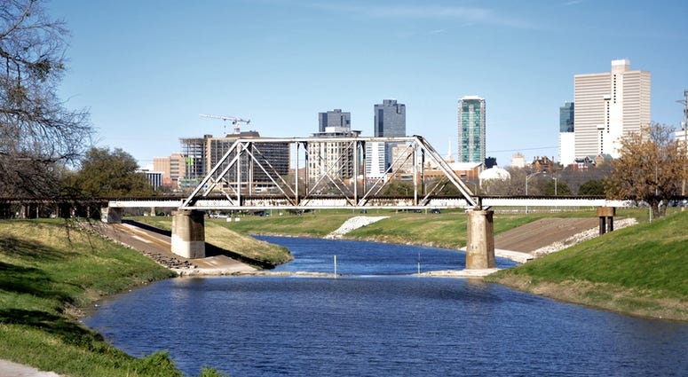 Fort Worth Skyline Fort Worth Skyline behind the Trinity Park Bridge