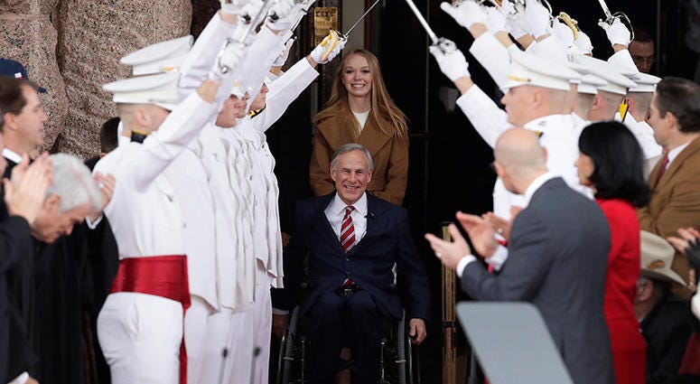 Texas Gov. Greg Abbott Texas Gov. Greg Abbott, front center, arrives for his inauguration ceremony with his daughter, Audrey, in Austin, Texas, Tuesday, Jan. 15, 2019.