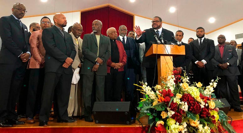 Pastor Kyev Tatum speaks at a news conference at a church to a group of community leaders on Wednesday, Oct. 16, 2019, Pastor Kyev Tatum speaks at a news conference at a church to a group of community leaders on Wednesday, Oct. 16, 2019,