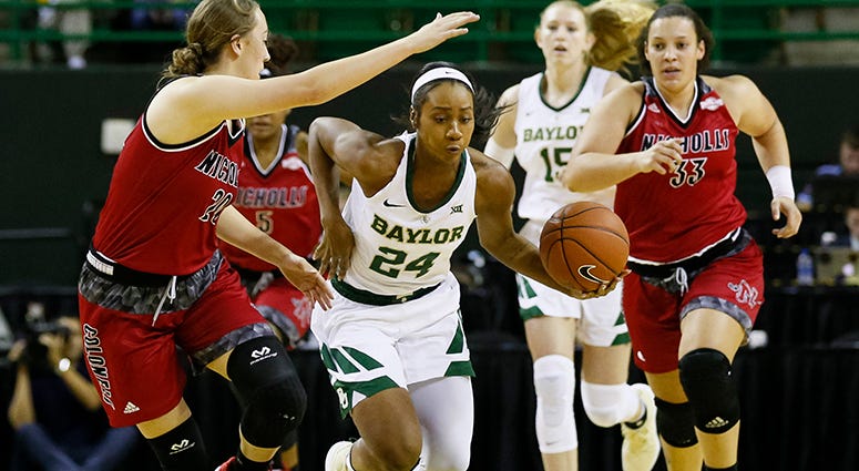 Baylor Lady Bears vs Nicholls State Baylor guard Chloe Jackson (24) drives past Nicholls State guard Cassidy Barrios, left, in the first half of an NCAA college basketball game on Tuesday, Nov. 6, 2018