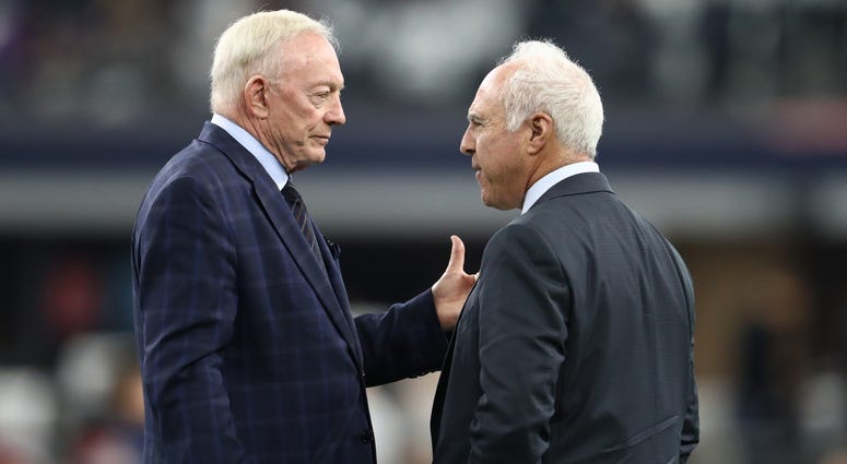 Dallas Cowboys owner Jerry Jones talks with Philadelphia Eagles owner Jeffrey Lurie Dallas Cowboys owner Jerry Jones talks with Philadelphia Eagles owner Jeffrey Lurie