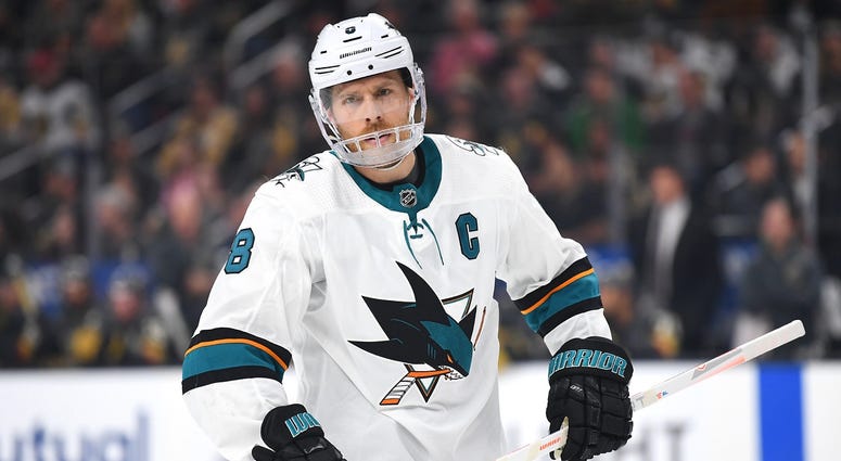 Apr 16, 2019; Las Vegas, NV, USA; San Jose Sharks center Joe Pavelski (8) in action during the second period against the Vegas Golden Knights in game four of the first round of the 2019 Stanley Cup Playoffs at T-Mobile Arena Apr 16, 2019; Las Vegas, NV, USA; San Jose Sharks center Joe Pavelski (8) in action during the second period against the Vegas Golden Knights in game four of the first round of the 2019 Stanley Cup Playoffs at T-Mobile Arena