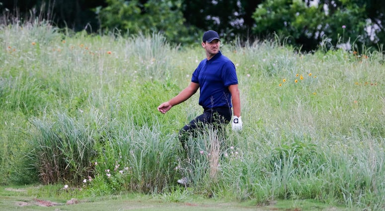 Tony Romo Tony Romo looks for his ball in the native grass on the 15th hole during the first round of the AT&T Byron Nelson