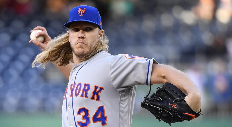 May 14, 2019; Washington, DC, USA; New York Mets starting pitcher Noah Syndergaard (34) throws against the Washington Nationals during the first inning at Nationals Park May 14, 2019; Washington, DC, USA; New York Mets starting pitcher Noah Syndergaard (34) throws against the Washington Nationals during the first inning at Nationals Park