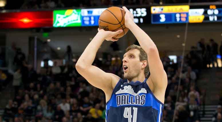 Dallas Mavericks forward Dirk Nowitzki Feb 24, 2018; Salt Lake City, UT, USA; Dallas Mavericks forward Dirk Nowitzki (41) shoots the ball during the first quarter against the Utah Jazz at Vivint Smart Home Arena.