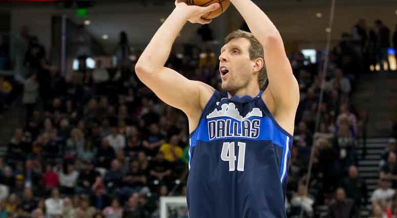 Dallas Mavericks forward Dirk Nowitzki Feb 24, 2018; Salt Lake City, UT, USA; Dallas Mavericks forward Dirk Nowitzki (41) shoots the ball during the first quarter against the Utah Jazz at Vivint Smart Home Arena.