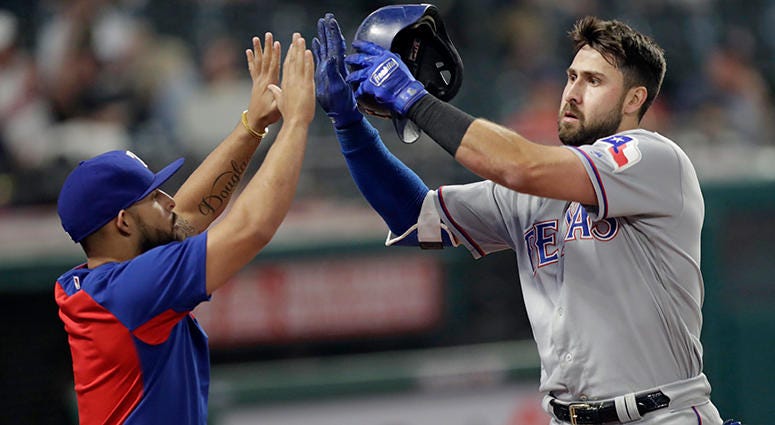 Joey Gallo Texas Rangers' Rougned Odor, left congratulates Joey Gallo after Gallo hit a solo home run in the 12th inning of a baseball game against the Cleveland Indians, Tuesday, May 1, 2018, in Cleveland. The Rangers won 8-6