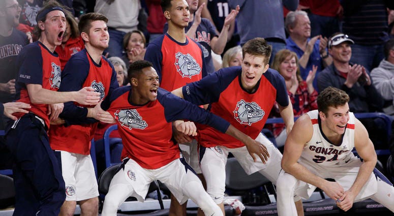 Players on the Gonzaga bench celebrate during the second half of an NCAA college basketball game against BYU in Spokane, Wash., Saturday, Feb. 23, 2019. Gonzaga won 102-68. Players on the Gonzaga bench celebrate during the second half of an NCAA college basketball game against BYU in Spokane, Wash., Saturday, Feb. 23, 2019. Gonzaga won 102-68.