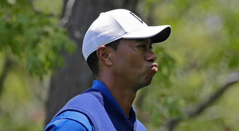 Tiger Woods reacts on the eighth hole during the first round of the PGA Championship golf tournament, Thursday, May 16, 2019, at Bethpage Black in Farmingdale, N.Y. Tiger Woods reacts on the eighth hole during the first round of the PGA Championship golf tournament, Thursday, May 16, 2019, at Bethpage Black in Farmingdale, N.Y.