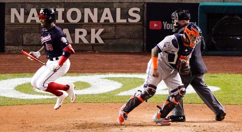 Washington Nationals' Victor Robles reacts after striking out during the seventh inning of Game 5 of the baseball World Series Washington Nationals' Victor Robles reacts after striking out during the seventh inning of Game 5 of the baseball World Series