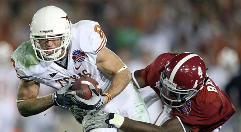 Wide receiver Jordan Shipley #8 of the Texas Longhorns is tackled by cornerback Mark Barron #4 of the Alabama Crimson Tide Wide receiver Jordan Shipley #8 of the Texas Longhorns is tackled by cornerback Mark Barron #4 of the Alabama Crimson Tide