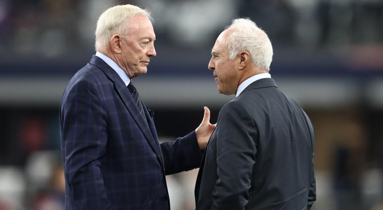 Dallas Cowboys owner Jerry Jones talks with Philadelphia Eagles owner Jeffrey Lurie Dallas Cowboys owner Jerry Jones talks with Philadelphia Eagles owner Jeffrey Lurie