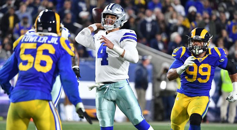 Jan 12, 2019; Los Angeles, CA, USA; Dallas Cowboys quarterback Dak Prescott (4) passes against the Los Angeles Rams in the third quarter in a NFC Divisional playoff football game at Los Angeles Memorial Coliseum. Jan 12, 2019; Los Angeles, CA, USA; Dallas Cowboys quarterback Dak Prescott (4) passes against the Los Angeles Rams in the third quarter in a NFC Divisional playoff football game at Los Angeles Memorial Coliseum.