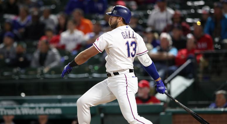 Apr 2, 2019; Arlington, TX, USA; Texas Rangers designated hitter Joey Gallo (13) hits a two run double during the seventh inning against the Houston Astros at Globe Life Park in Arlington. Apr 2, 2019; Arlington, TX, USA; Texas Rangers designated hitter Joey Gallo (13) hits a two run double during the seventh inning against the Houston Astros at Globe Life Park in Arlington.