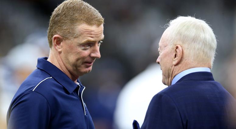 Dallas Cowboys head coach Jason Garrett talks to team owner Jerry Jones Dallas Cowboys head coach Jason Garrett talks to team owner Jerry Jones