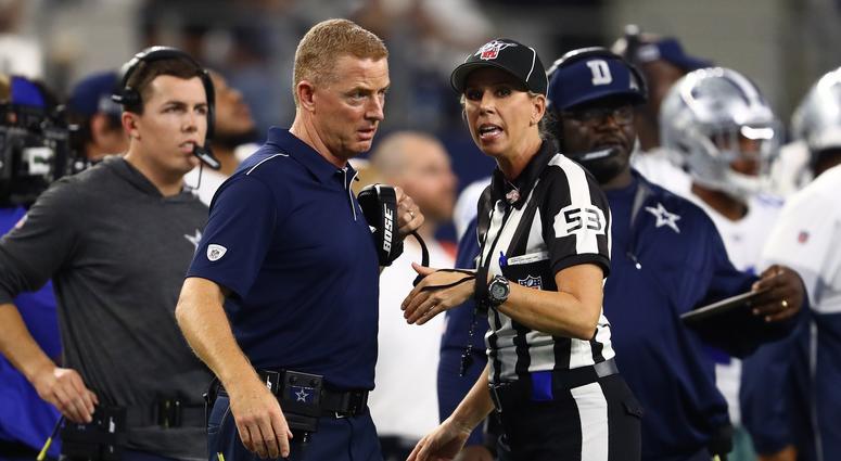 Dallas Cowboys head coach Jason Garrett talks with down judge Sarah Thomas Dallas Cowboys head coach Jason Garrett talks with down judge Sarah Thomas