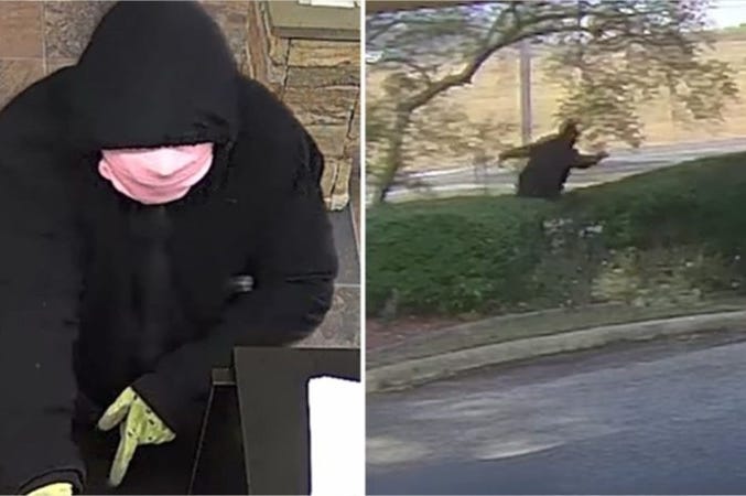 Bank robber falls three times.