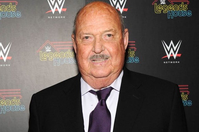 NEW YORK, NY - APRIL 15: Cast member Gene Okerlund attends the WWE screening of 'Legends' House' at Smith & Wollensky on April 15, 2014 in New York City. NEW YORK, NY - APRIL 15: Cast member Gene Okerlund attends the WWE screening of 'Legends' House' at Smith & Wollensky on April 15, 2014 in New York City.