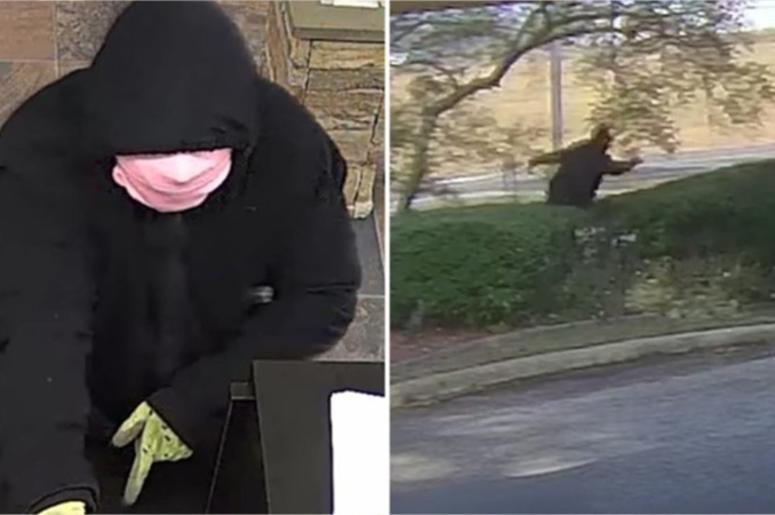 Bank robber falls three times.