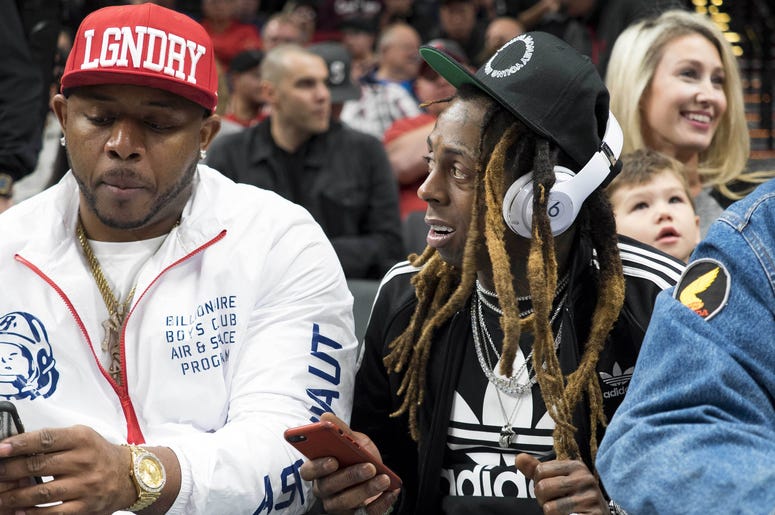 Nov 5, 2017; Portland, OR, USA; Music composer Lil Wayne makes an appearance during the game between the Oklahoma City Thunder at Portland Trail Blazers at Moda Center. Mandatory Credit: Joseph Weiser-USA TODAY Sports