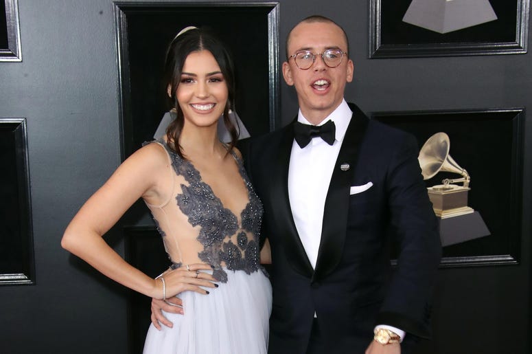 Jan 28, 2018; New York, NY, USA; Logic (R) and Jessica Andrea arrive at the 60th Annual Grammy Awards at Madison Square Garden. Mandatory Credit: Dan MacMedan-USA TODAY